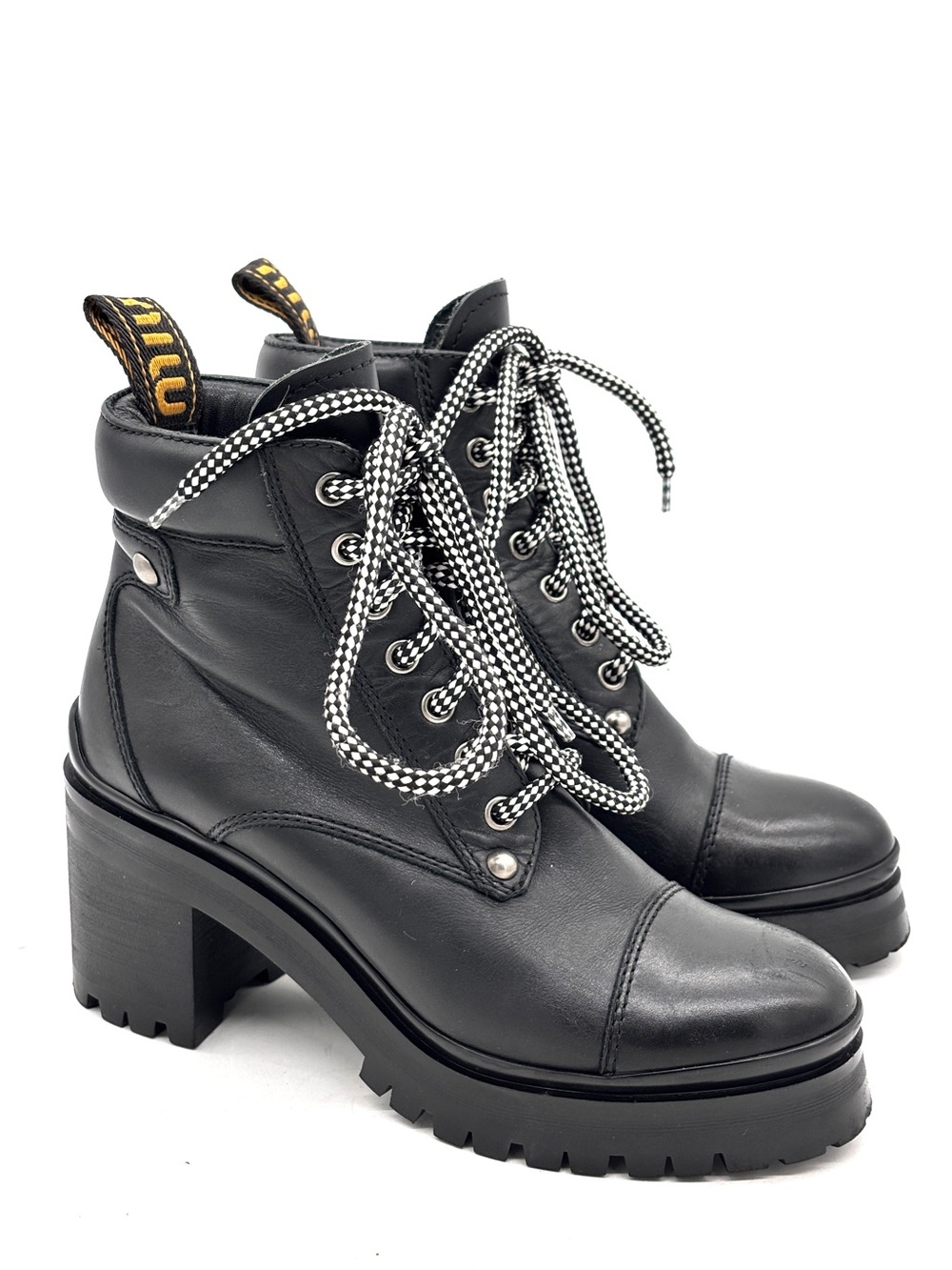Miu Miu Black Leather Chunky Heel Platform Combat Boots